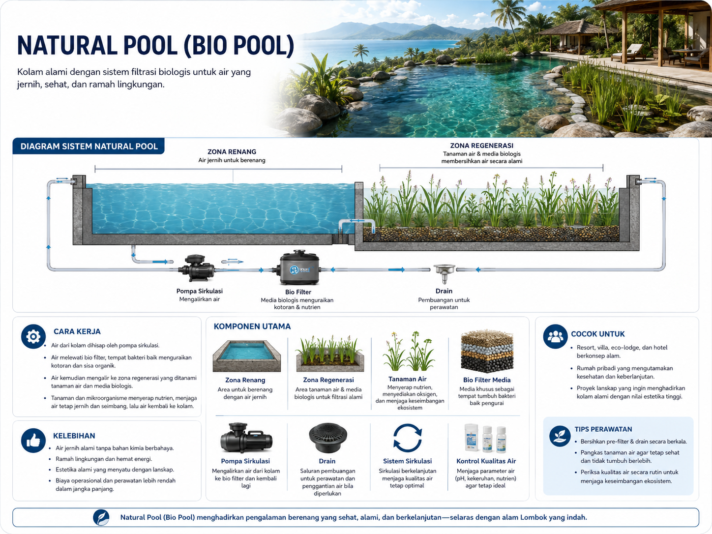 Natural swimming pool tropis dengan zona renang dan zona regenerasi tanaman air