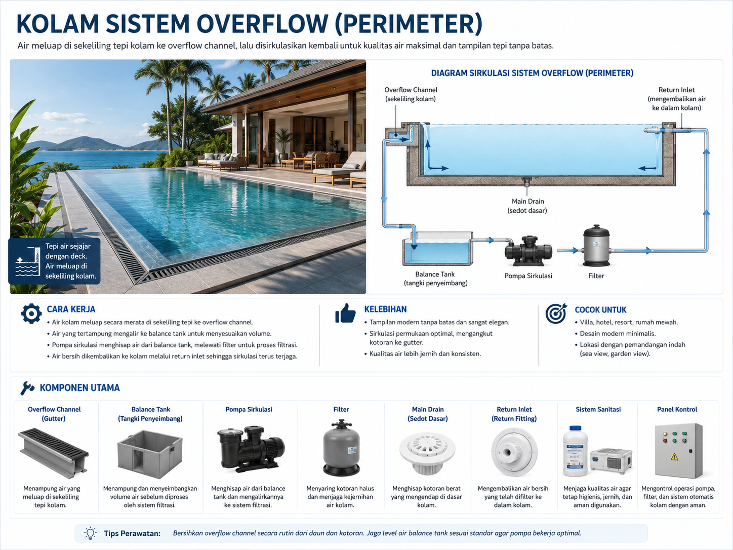 Kolam overflow perimeter dengan permukaan air sejajar deck dan gutter di sekeliling tepi