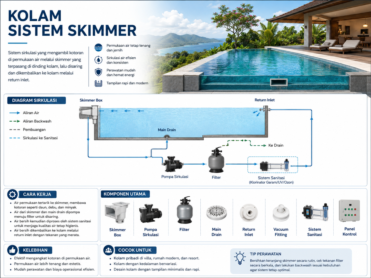 Kolam skimmer pada villa tropis dengan level air di bawah coping dan bukaan skimmer pada dinding
